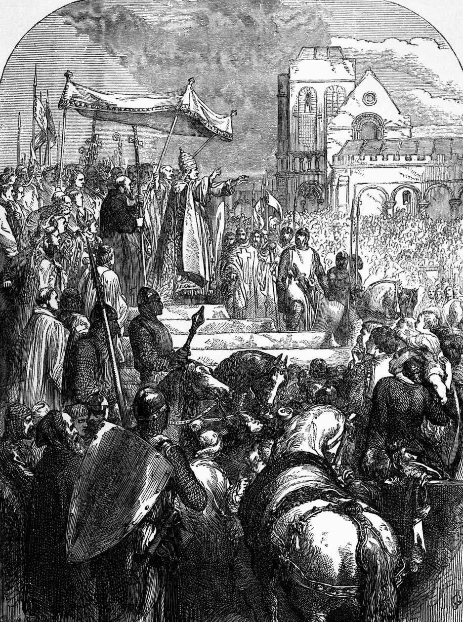 Papa Urbano II (c.1035-99) Pregação da Primeira Cruzada no Mercado de Clermont em 1095 de English School