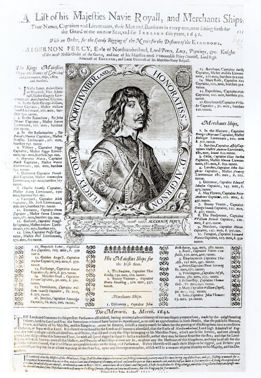 Retrato de Algernon Percy, décimo Conde de Northumberland (1602-68) acompanhado por uma lista da Marinha Real de Sua Majestade, 1642 de English School