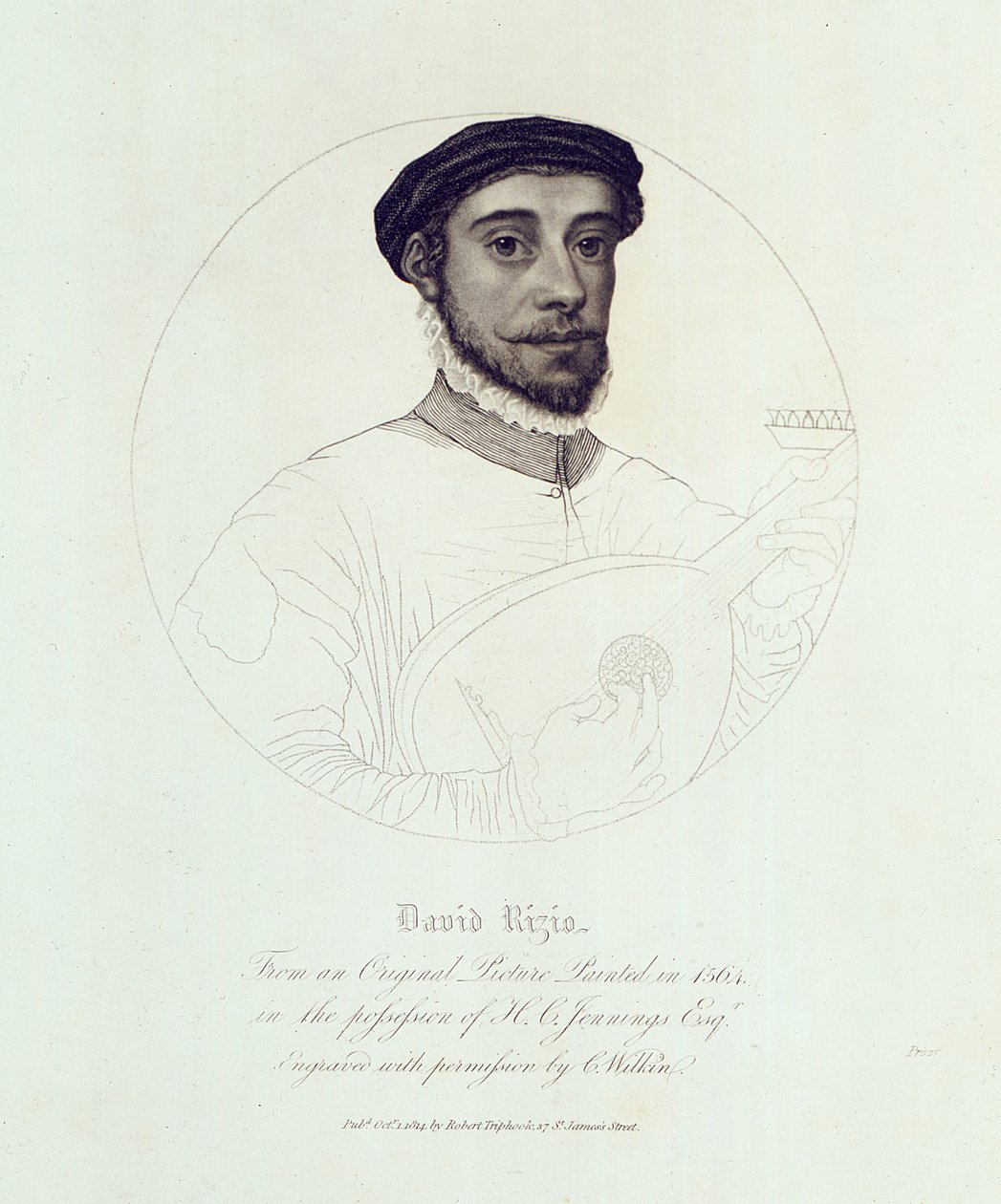 Retrato de David Rizio, de um original pintado em 1564, gravado por C. Wilkin, pub. Londres, 1814 de English School