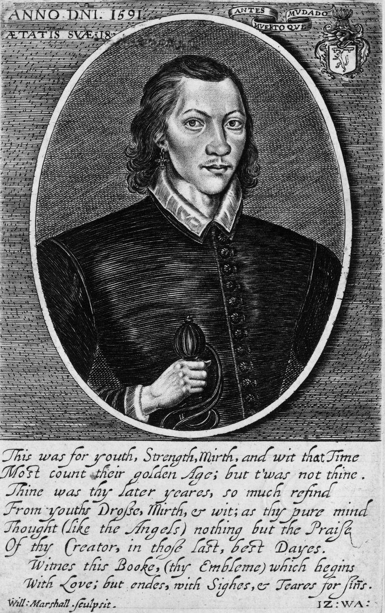 Retrato de John Donne, datado de 1591, frontispício de &39;The Poems of John Donne&39;, publicado em 1942 de English School