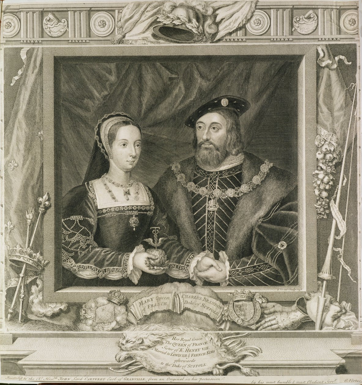 Retrato de Maria (1496-1533) Rainha da França, e Charles Brandon (d.1545) Duque de Suffolk, gravado por George Vertue (1684-1756) 1748 (ver também 136496) de English School