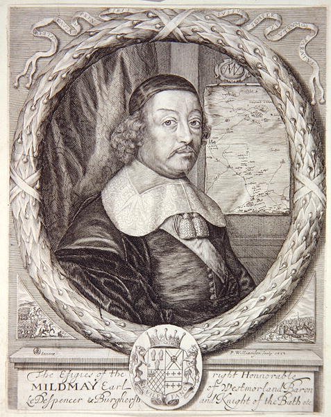 Retrato de Mildmay Fane, do Atlas dos condados da Inglaterra e País de Gales por Christopher Saxton, gravado por P. Williamson, 1662 de English School