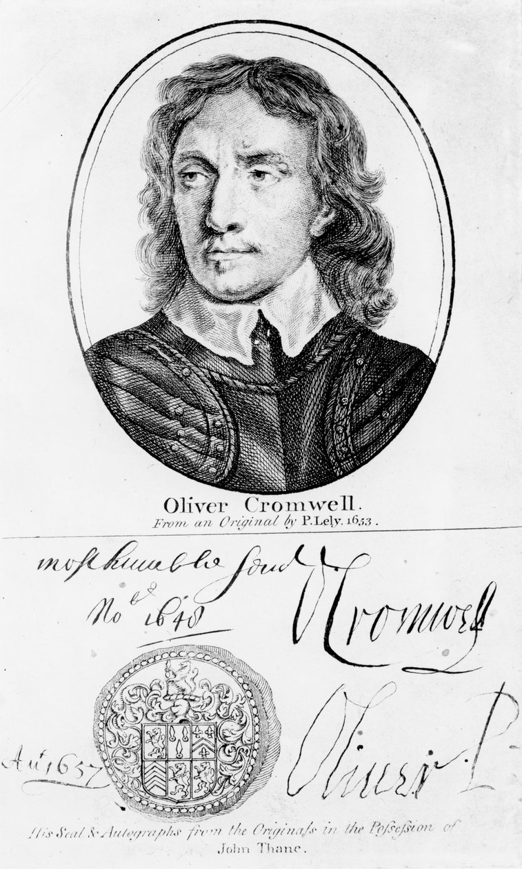 Retrato de Oliver Cromwell (1599-1658) de um original de Peter Lely de 1653, e seu selo e autógrafos de English School