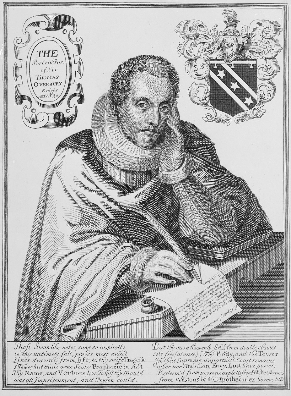 Retrato de Sir Thomas Overbury (1581-1613), escrevendo seu epitáfio, gravado por Renold Elstrack (1571-c.1630) 1613 de English School
