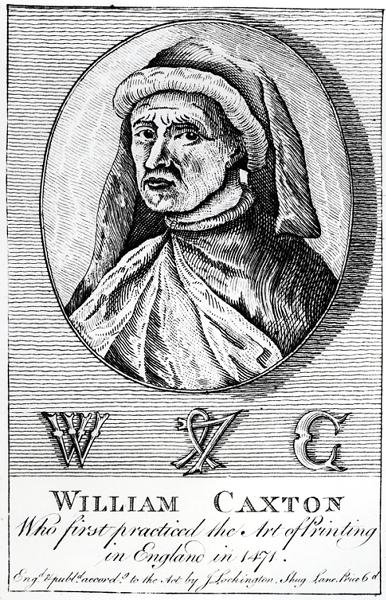 Retrato de William Caxton (c.1422-91) e sua marca de impressoras de English School