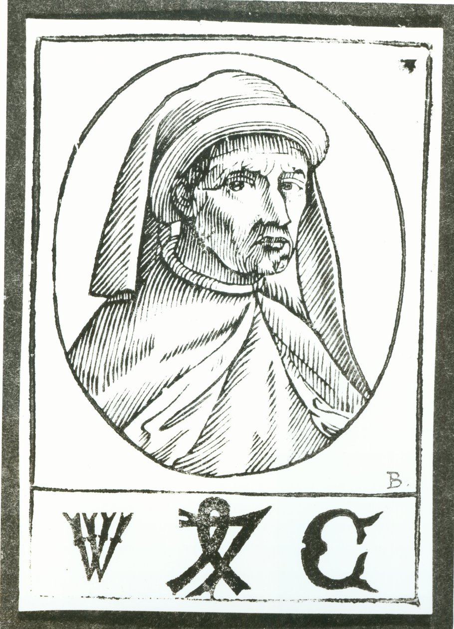 Retrato de William Caxton (c.1422-91) e sua Marca da Impressora de English School