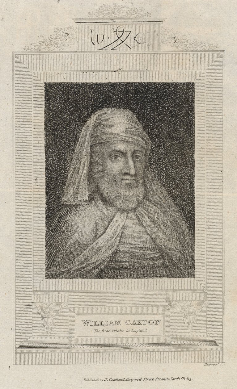 Retrato de William Caxton (c.1422-91) e sua marca de impressora de English School
