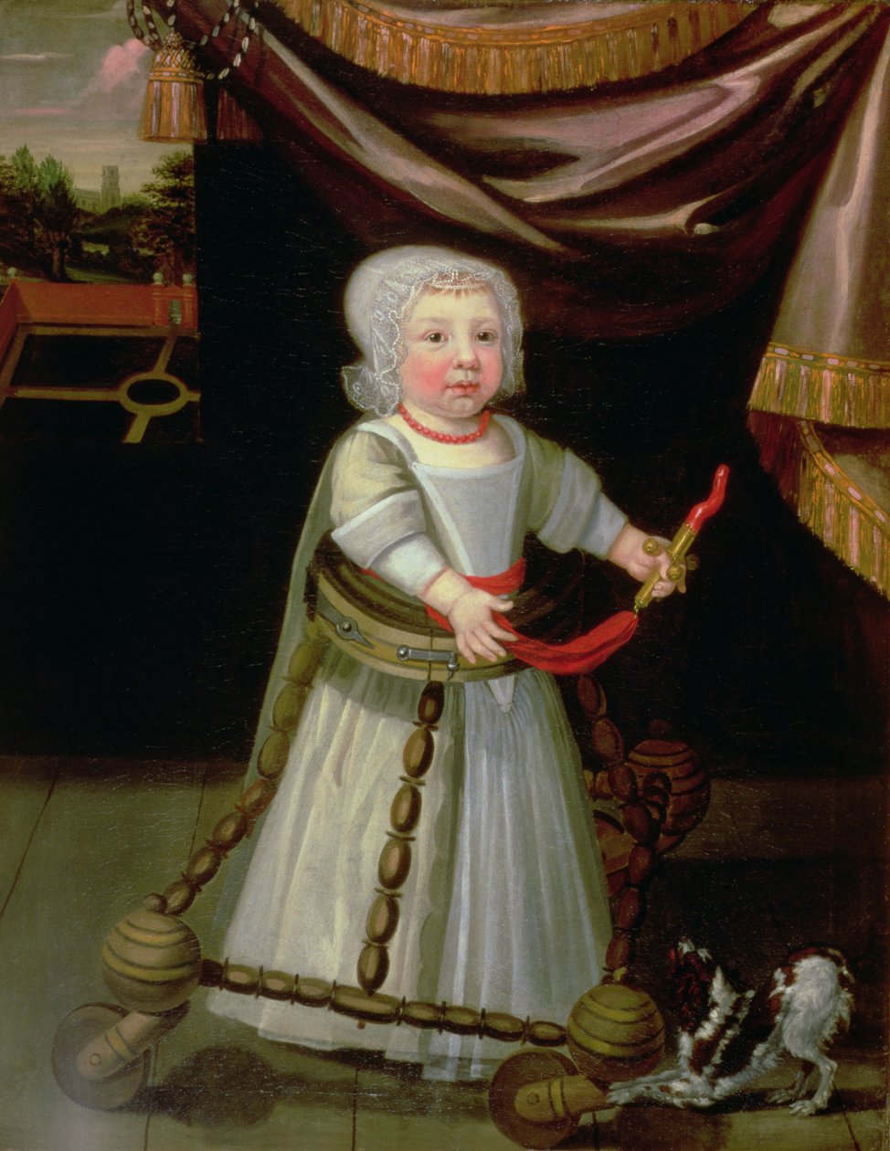 Retrato, de, um, menino, com, um, coral, chocalho, c.1650-60 de English School