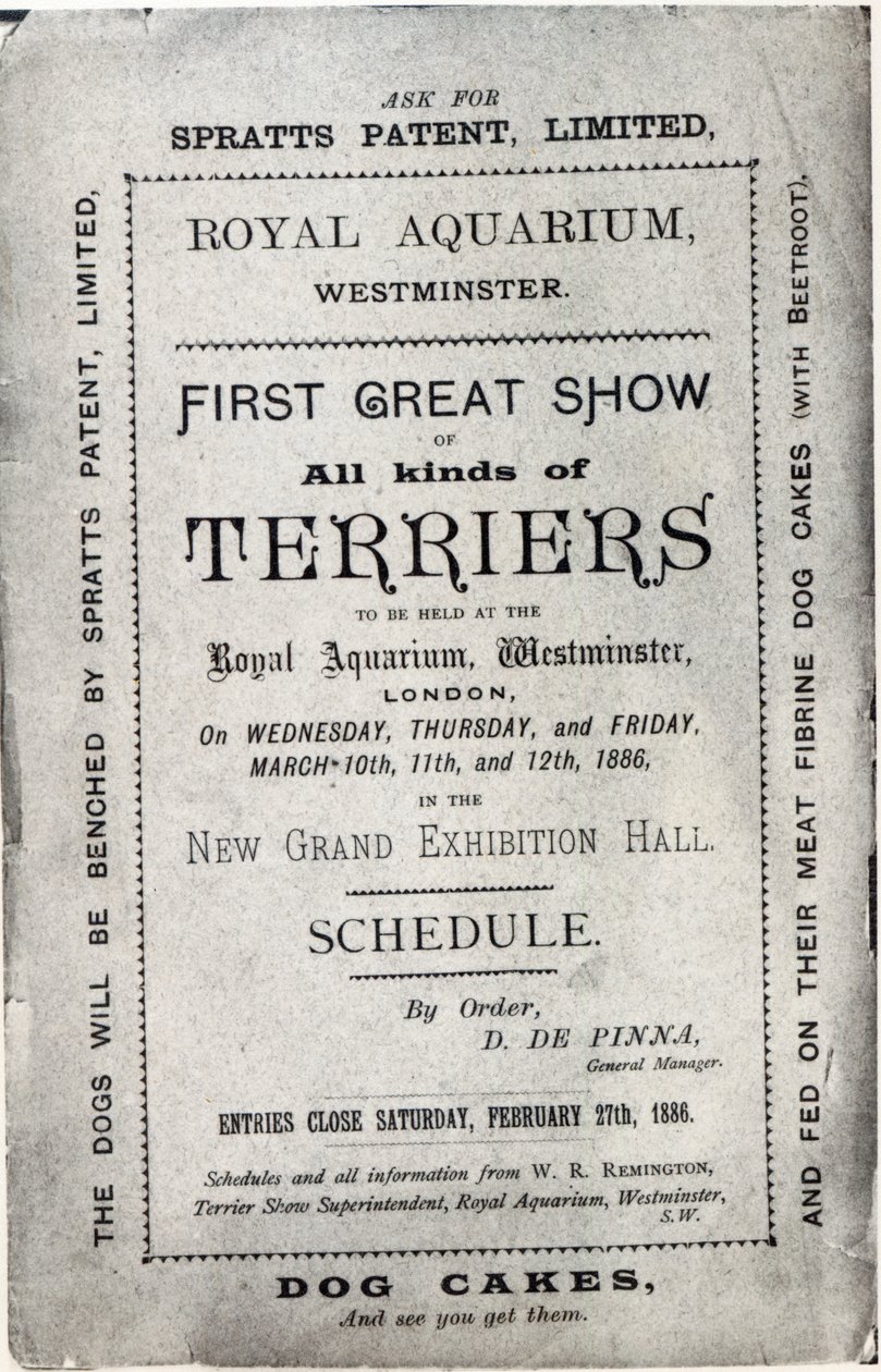 Cartaz publicitário do Allied Terrier Club Show no Royal Aquarium, Westminster em 1886 de English School
