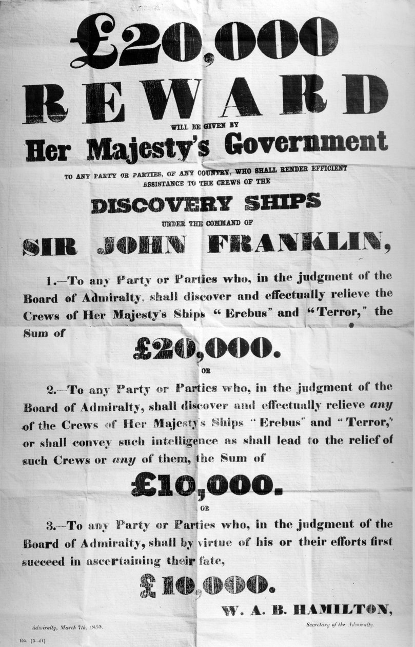 Poster oferecendo uma recompensa pela descoberta da Expedição Franklin Artic, 1850 (impresso) de English School
