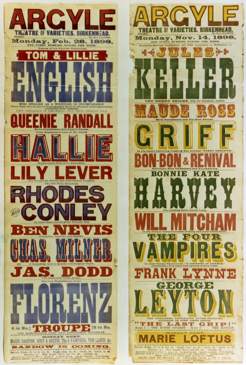 Cartazes para o Teatro Argyle de Variedades, Birkenhead, 1898 de English School