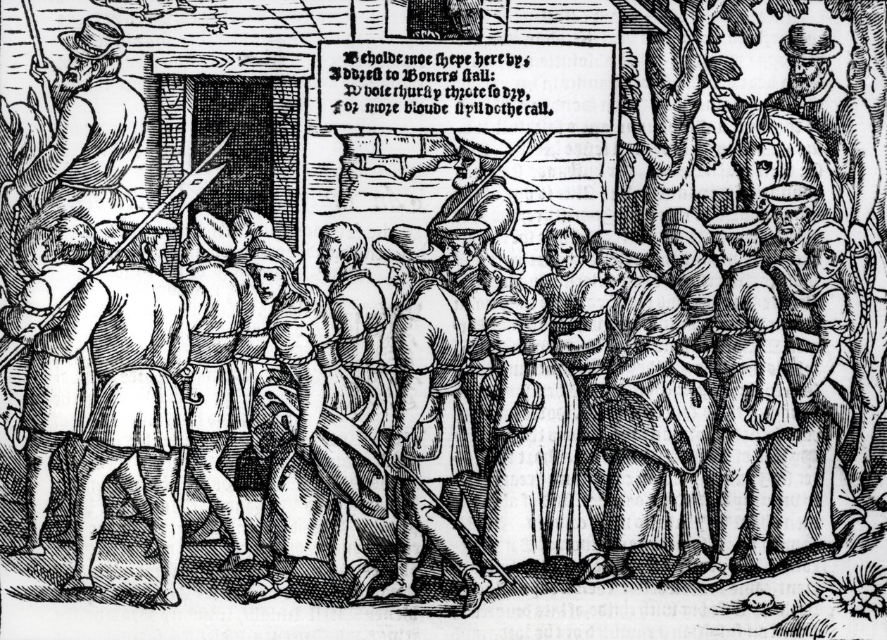 Protestantes, amarrados juntos, sendo levados a Londres para julgamento, de &39;Atos e Monumentos&39; por John Foxe (1516-87), 1563 de English School