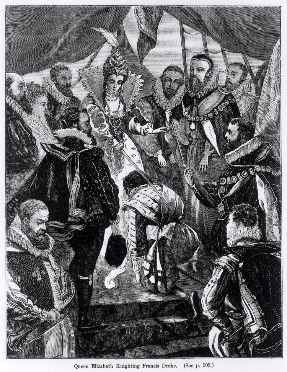 Rainha Elizabeth I (1530-1603) Cavaleiro Francis Drake (c.1540-96) em 1581 de English School
