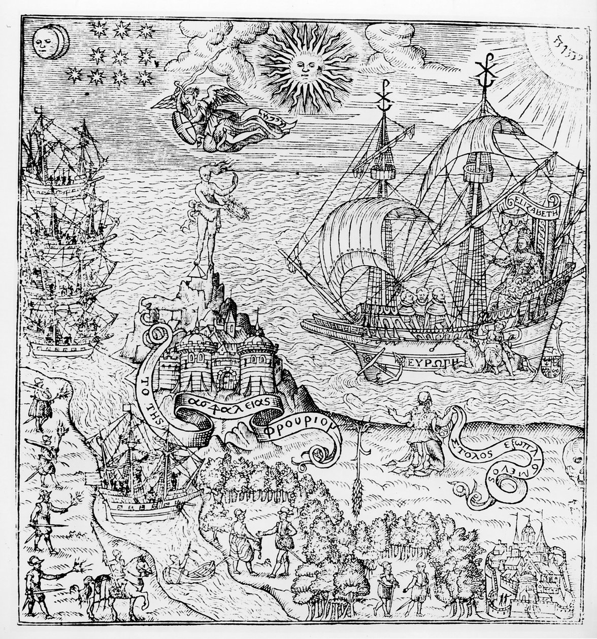 Rainha Elizabeth I (1553-1603) a bordo de um navio de English School