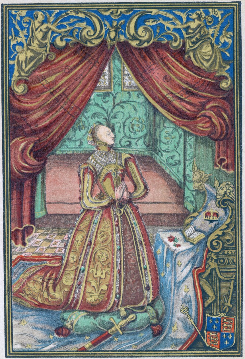 Rainha Elizabeth I em Oração, frontispício para &39;Christian Prayers&39;, 1569 de English School