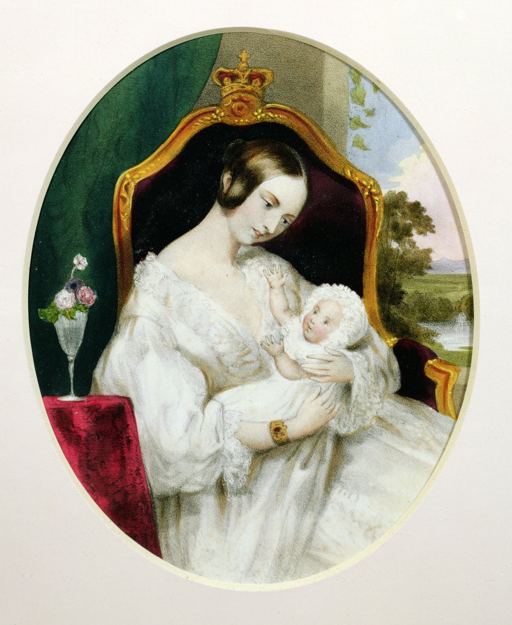 Rainha Vitória (1819-1901) com a Princesa Real (1840-1901) como um bebê (wc no papel) de English School