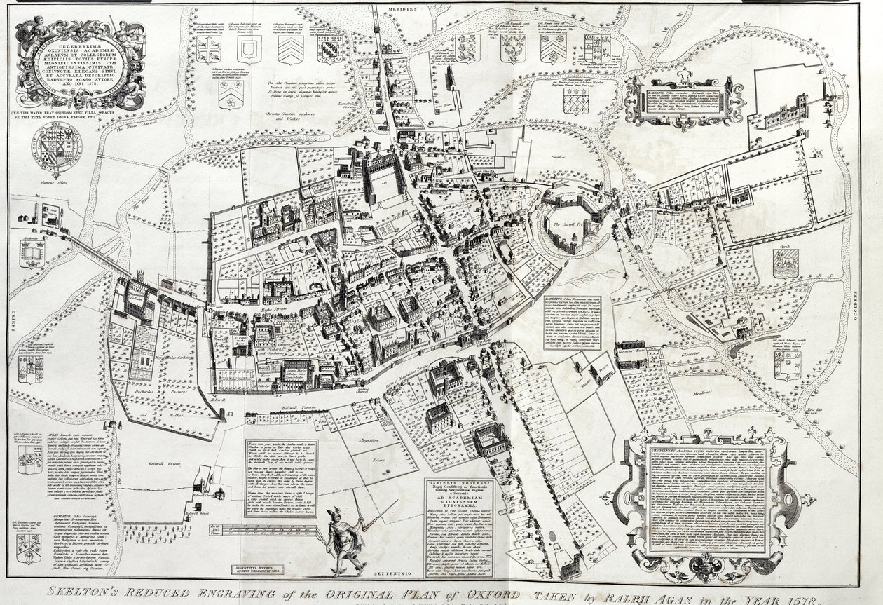RSOS168, Frontispício para Oxonia antiqua restaurata, uma visão panorâmica de Oxford, versão reduzida do original por Ralph ou Radulph Agas (c.1540-1621) de 1578, por Joseph Skelton, Oxford, gravada por W de English School