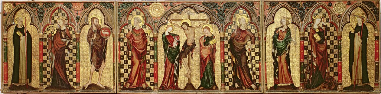Retábulo representando a Crucificação com Oito Santos, c.1300 (têmpera e folha de ouro no painel) (ver também 1713) de English School