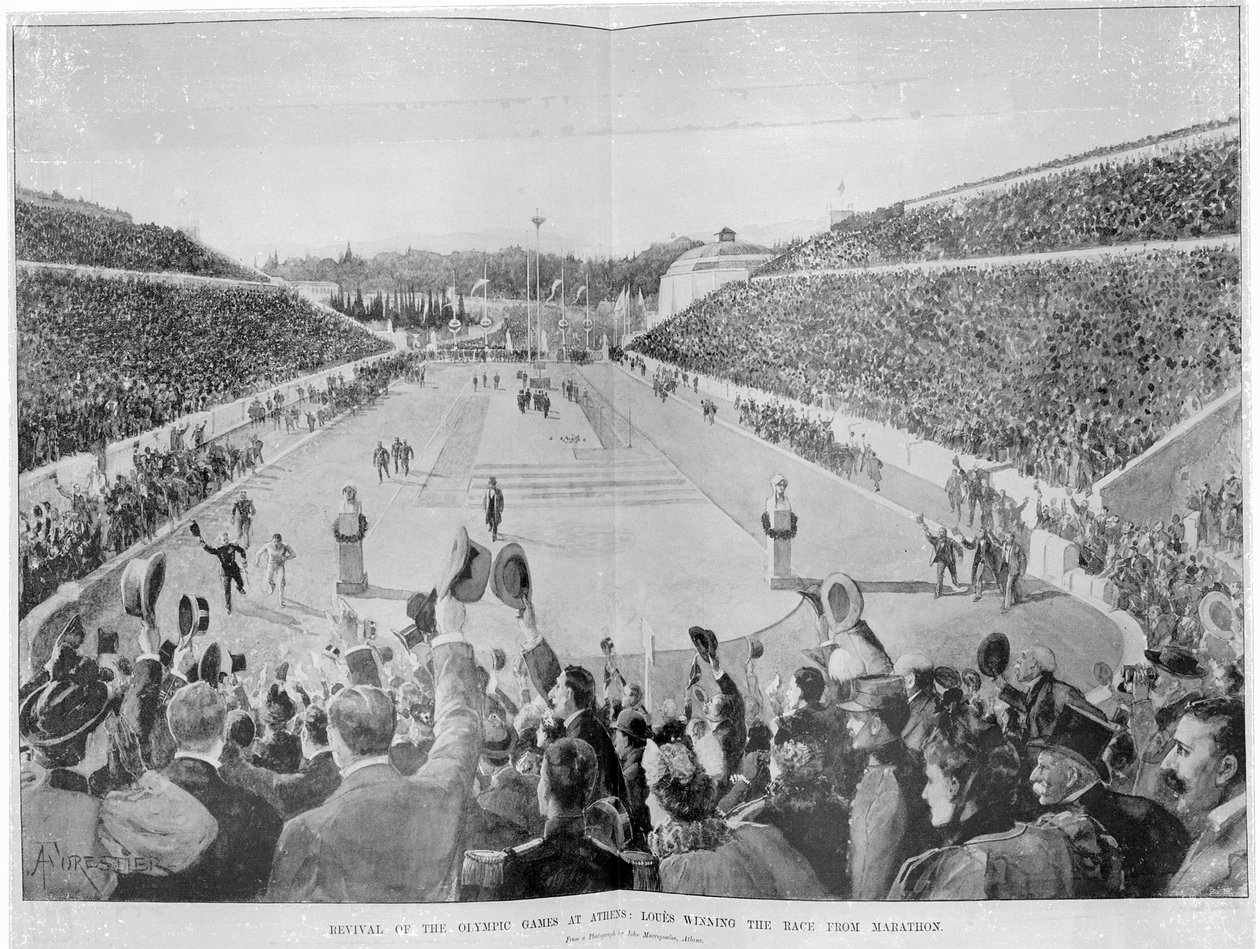 Reavivamento dos Jogos Olímpicos em Atenas: Loues vencendo a corrida de Maratona, 10 de abril de 1896 de English School