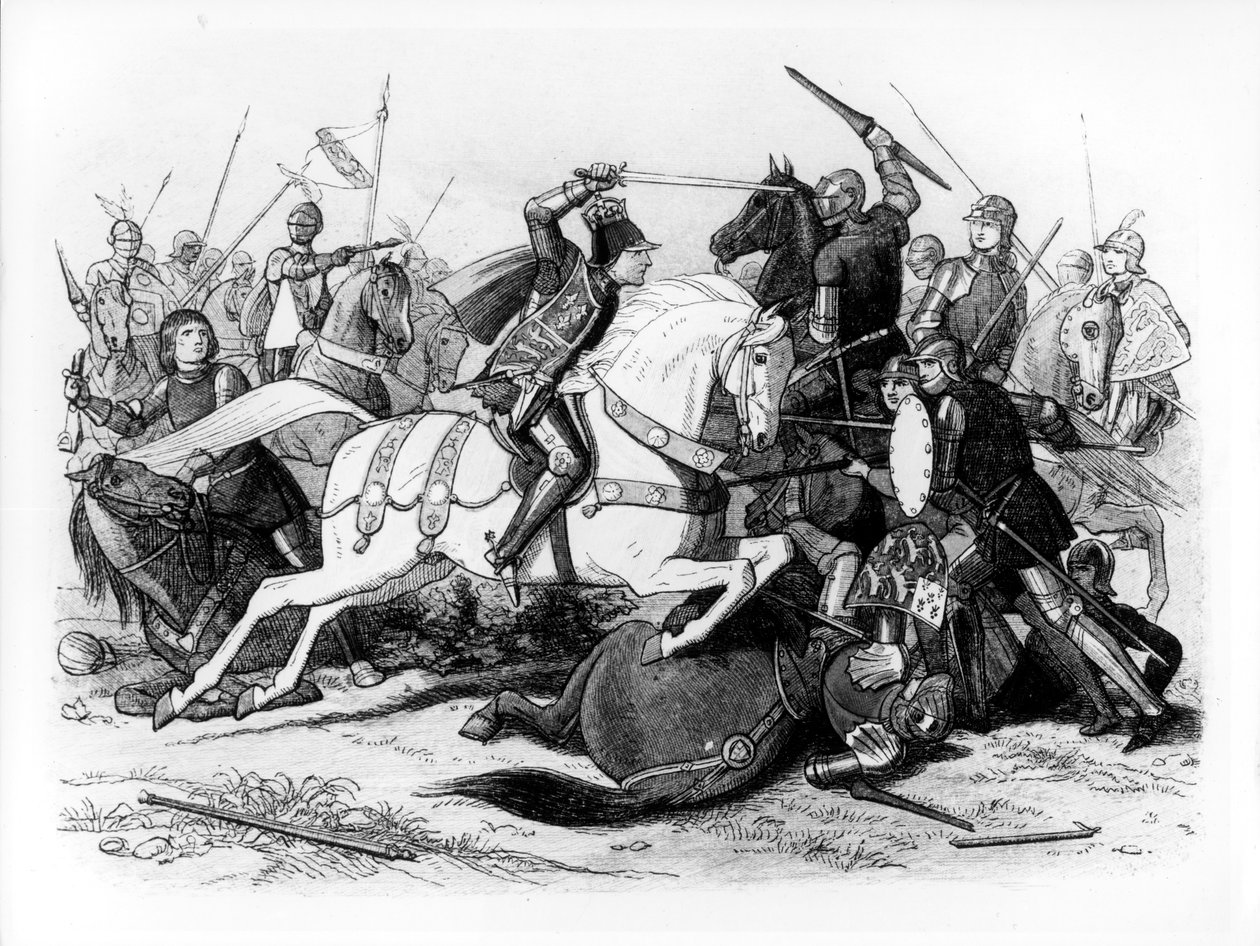 Ricardo III (1452-85) na Batalha de Bosworth em 1485 de English School