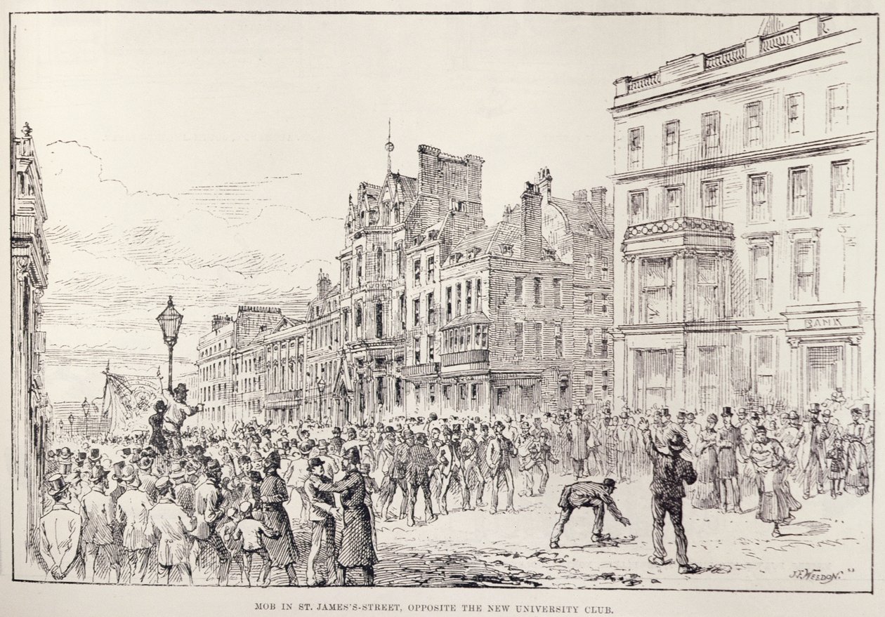 Motins no West End de Londres: Mob na St. James&39;s Street, em frente ao New University Club, de &39;The Illustrated London News&39;, 13 de fevereiro de 1886 de English School