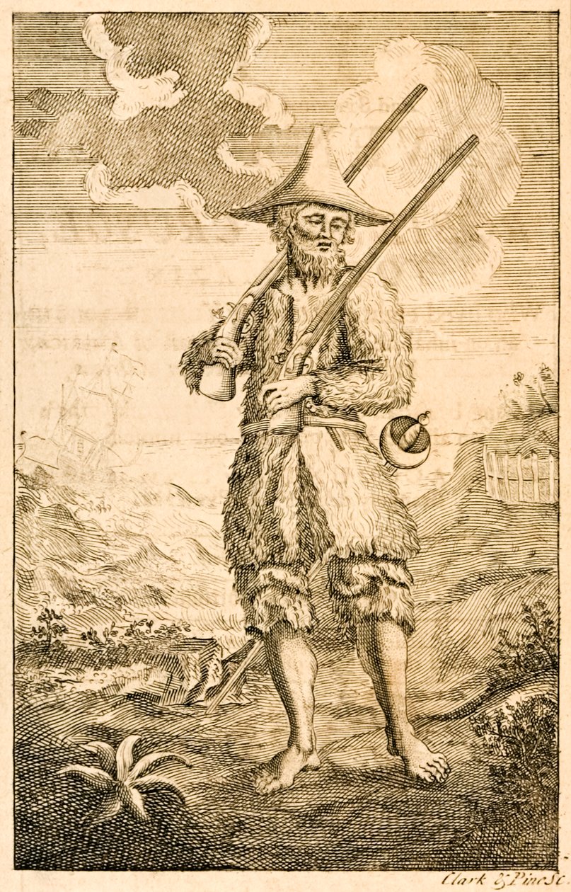 Robinson Crusoe ilustração do frontispício mostrando o suposto autor Crusoé na costa com mosquetes e espada, de A Vida e Estranhas Surpreendentes Aventuras de Robinson Crusoé, ou York, Marinha de English School