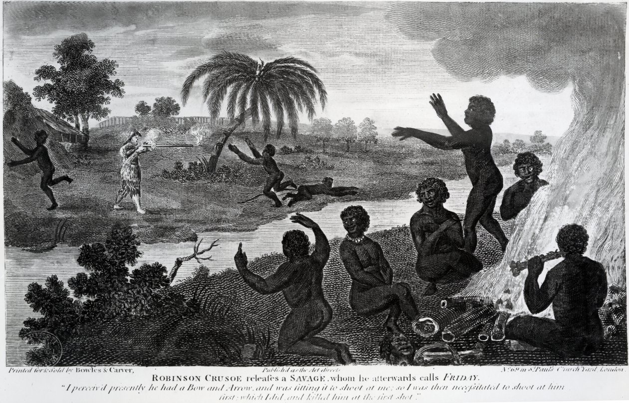 Robinson Crusoe lança um Savage, a quem ele chama depois de sexta-feira, ilustração de "Robinson Crusoe" de Daniel Defoe, publicado em 1795 de English School