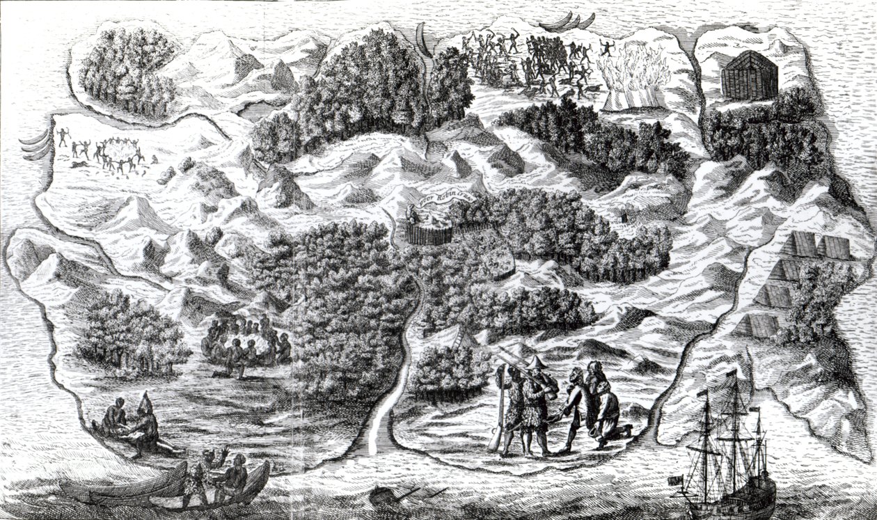 Ilha de Robinson Crusoe, gravada por Clark e Pine, 1719 de English School