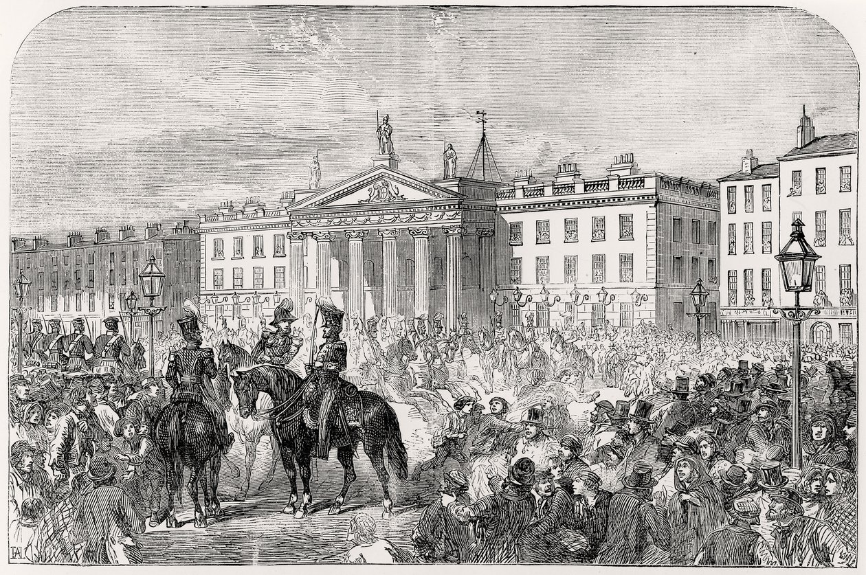 Sackville Street, em Dublin, durante a rebelião em 1847 de English School