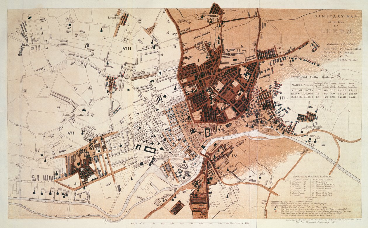 Mapa sanitário da cidade de Leeds, por Stephen Sly para seu escritório estacionário de Majestade, 1842 de English School