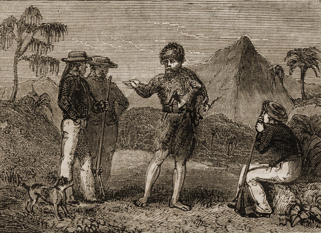 Selkirk e os marinheiros britânicos, ilustração de "Contos de Viajantes ou Uma Visão do Mundo", publicada em 1838 de English School