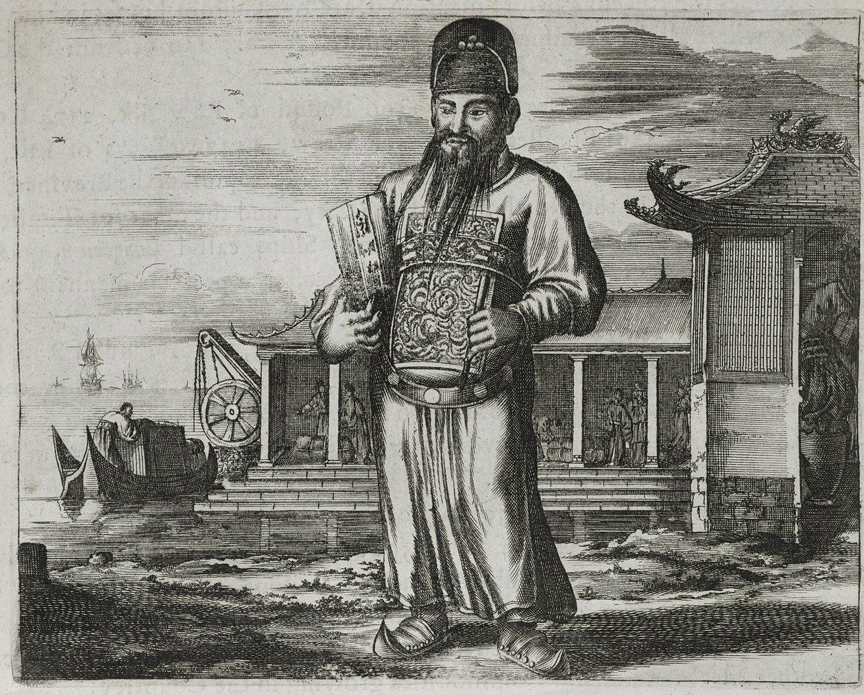 Funcionário público sênior coletando impostos, ilustração de uma descrição de embaixadas para a China, 1690 de English School