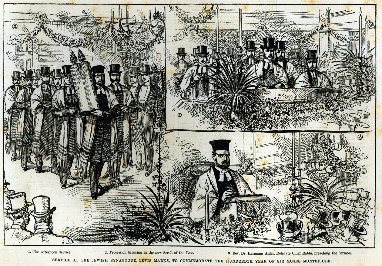 Serviço na Sinagoga Judaica, Bevis Marks, para comemorar o centésimo ano de Sir Moses Montefiore, de &39;The Illustrated London News&39;, novembro de 1884 de English School