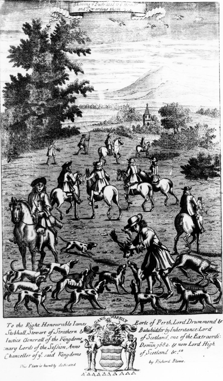Mostrando a Bucke a cabeça para os cães e recompensando-os, de "The Gentleman&39;s Recreation" publicado por Richard Blome, 1686 de English School