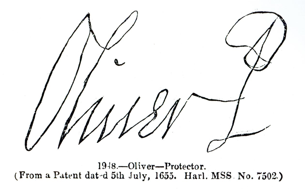 Assinatura de Oliver Cromwell (1599-1658) Lord Protector, de um manuscrito de patente (Harl.MSS No.7502) datado de 5 de julho de 1655 de English School