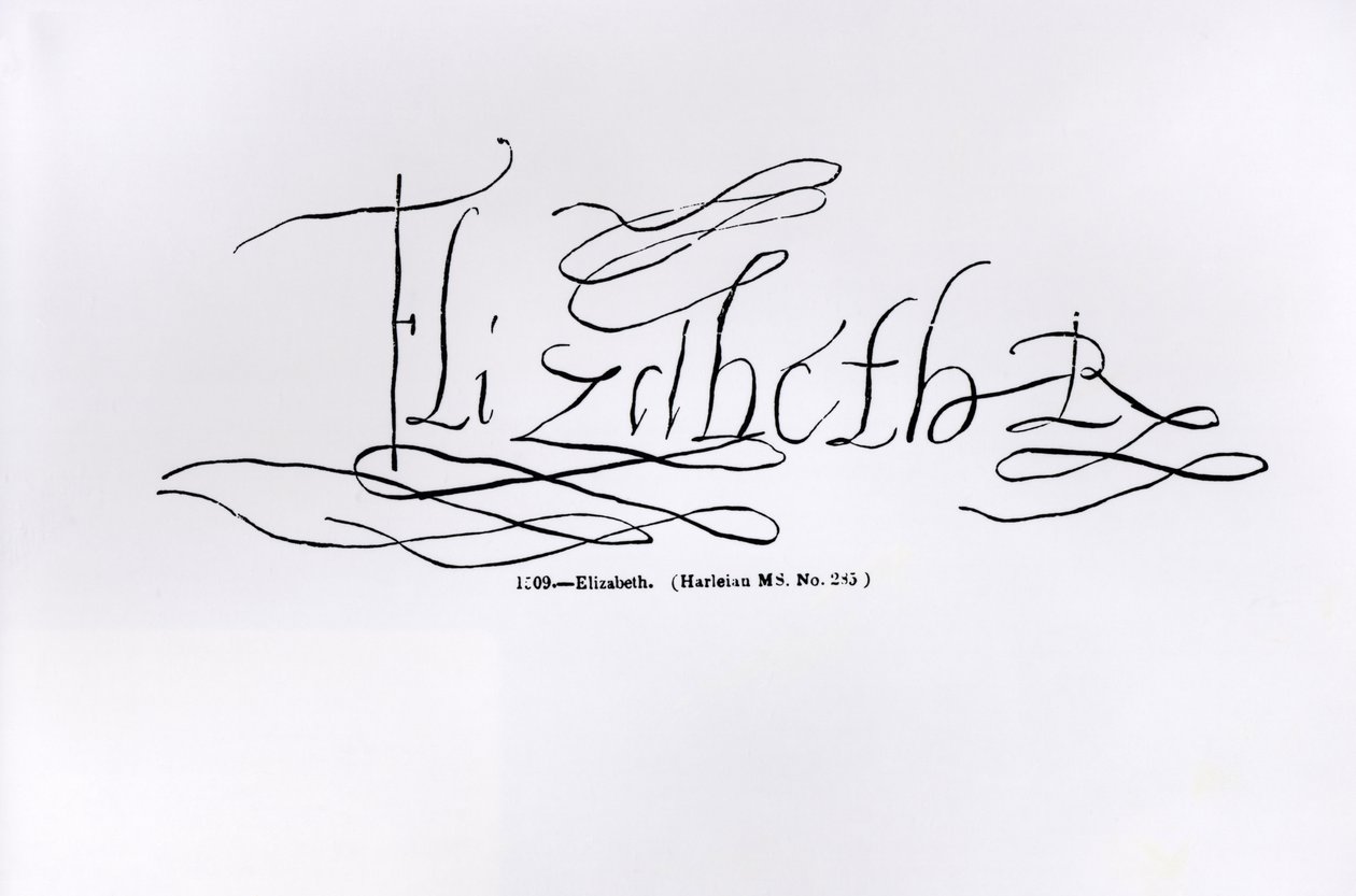 Assinatura da Rainha Elizabeth I (1533-1603) (caneta e tinta no papel) de English School