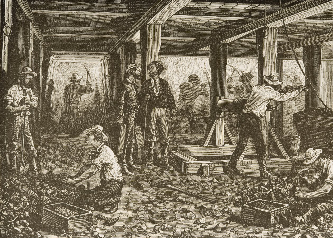 Silver Mining em Nevada, c.1870, de &39;American Pictures&39;, publicado pela The Religious Tract Society, 1876 de English School