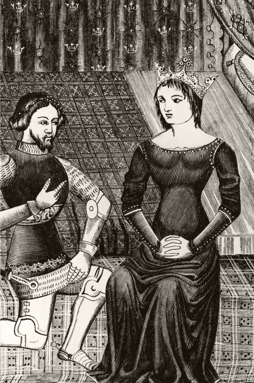 Sir Lancelot se ajoelha na frente da rainha Guinevere, gravada após uma miniatura do século XII de English School