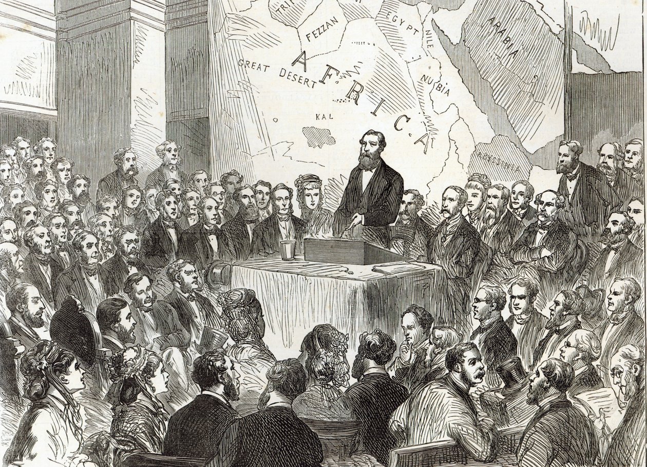 Sir Samuel Baker na reunião da Royal Geographical Society, de &39;The Illustrated London News&39;, 20 de dezembro de 1873 de English School