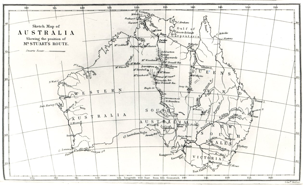 Esboçar mapa da Austrália, mostrando a posição da rota do Sr. Stuart, 1864 de English School