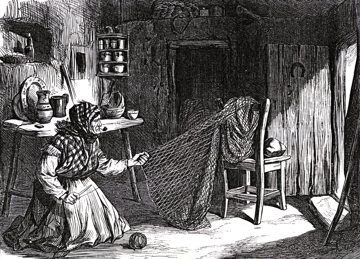 Esboços da Irlanda: Mulher fazendo redes no Claddagh, Galway, ilustração de &39;The Illustrated London News&39;, 1870 de English School