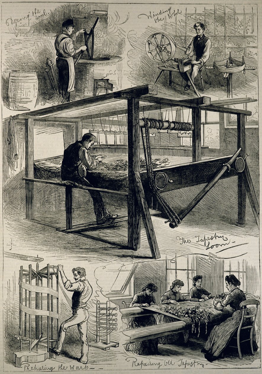 Esboços da Real Fábrica de Tapeçaria de Windsor, de &39;The Illustrated London News&39;, 29 de abril de 1882 de English School