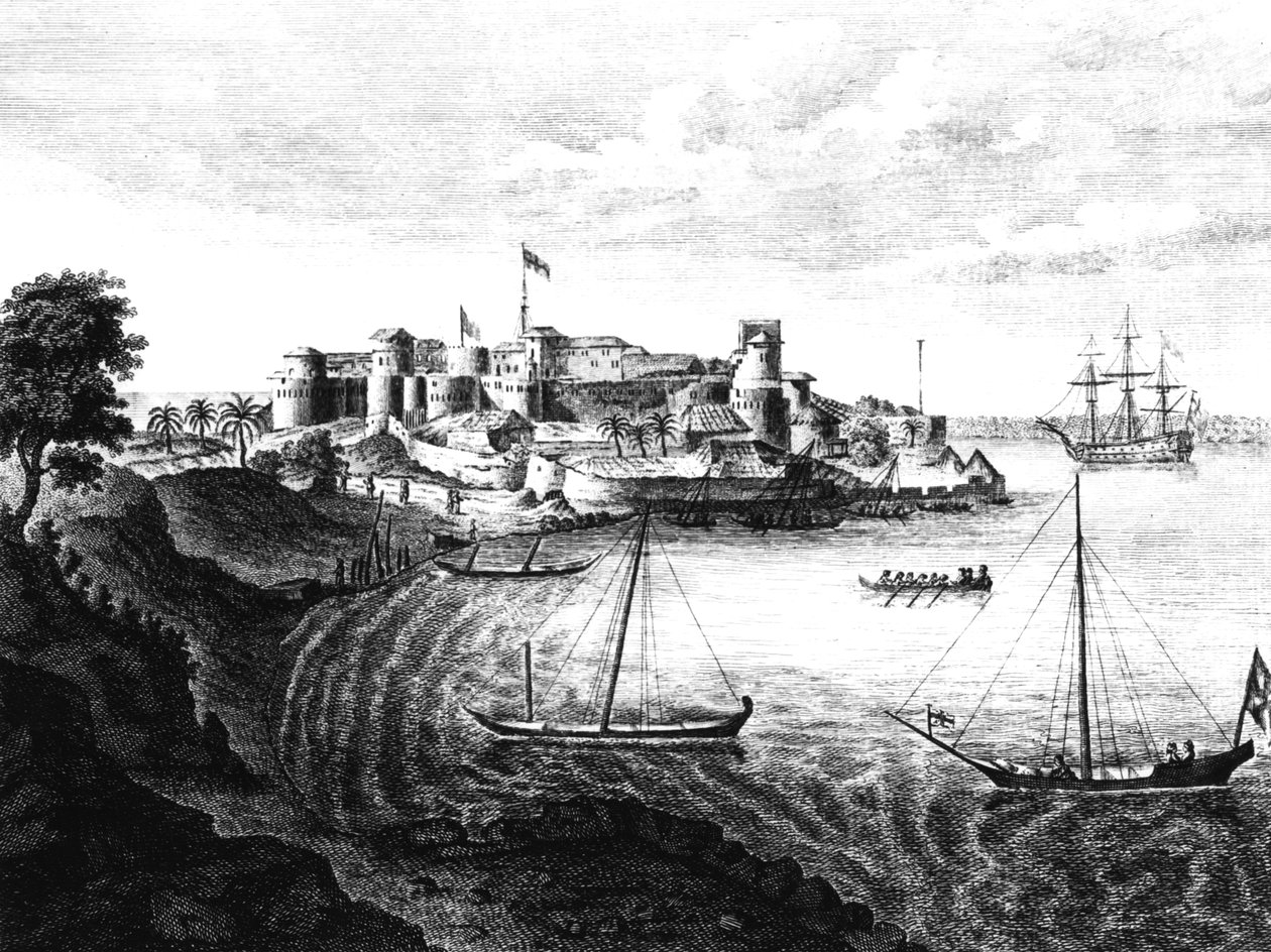 Vista sudeste de Geriah Fort, o local de desembarque e a entrada de &39;A Voyage to India&39; de Edward Ives, versão publicada em 1773 de English School