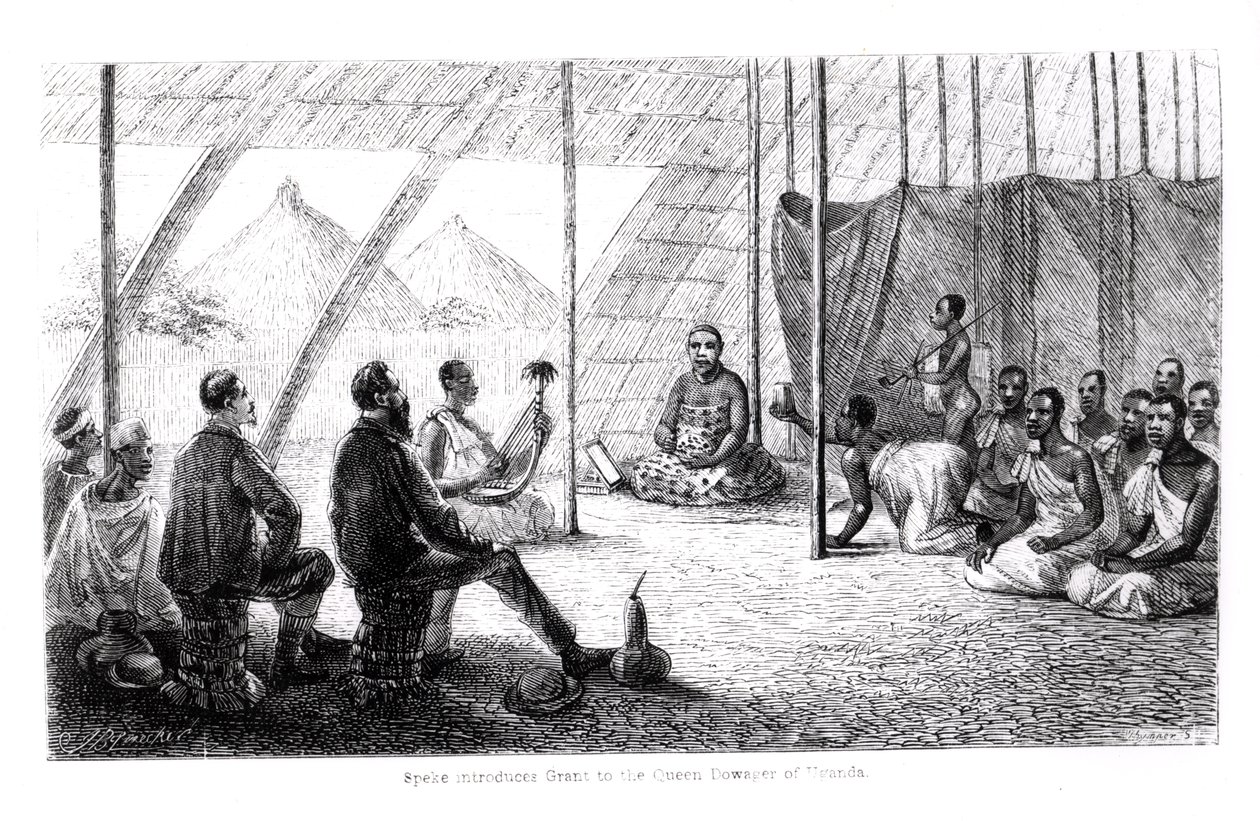 Speke (1827-64) apresenta Grant (1827-92) à rainha viúva de Uganda de English School