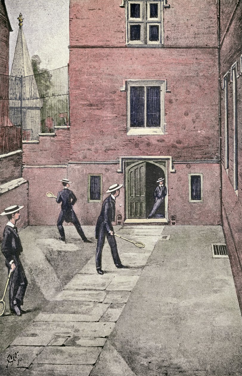 Raquetes da polpa na grade, ilustração das raquetes de tênis do gramado e fours, bar. 1890 de English School