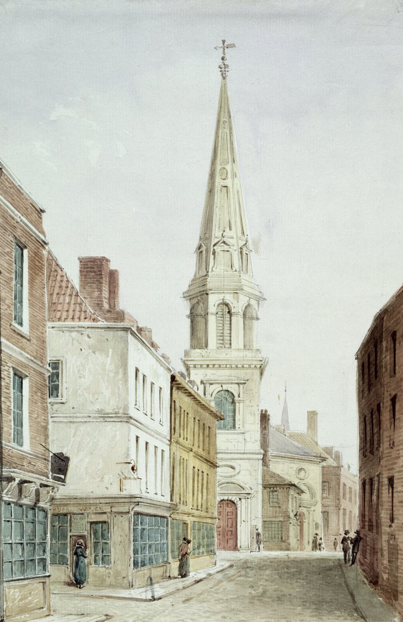 Igreja St. Antholins, uma vista do oeste ao longo da rua Watling, cerca de 1850 (wc no papel) de English School