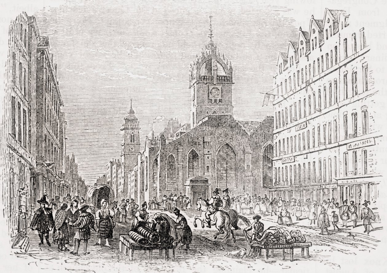St Giles e a Igreja Old Tron, Edimburgo no século XVII, de "Old England&39;s Worthies" de Lord Brougham e outros, publicaram Londres, em 1880 de English School