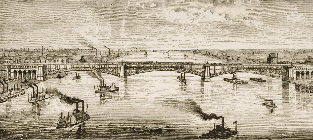 Ponte de aço atravessando o rio Mississippi em St. Louis, c.1874, da &39;American Pictures&39;, publicado pela The Religious Tract Society, 1876 de English School