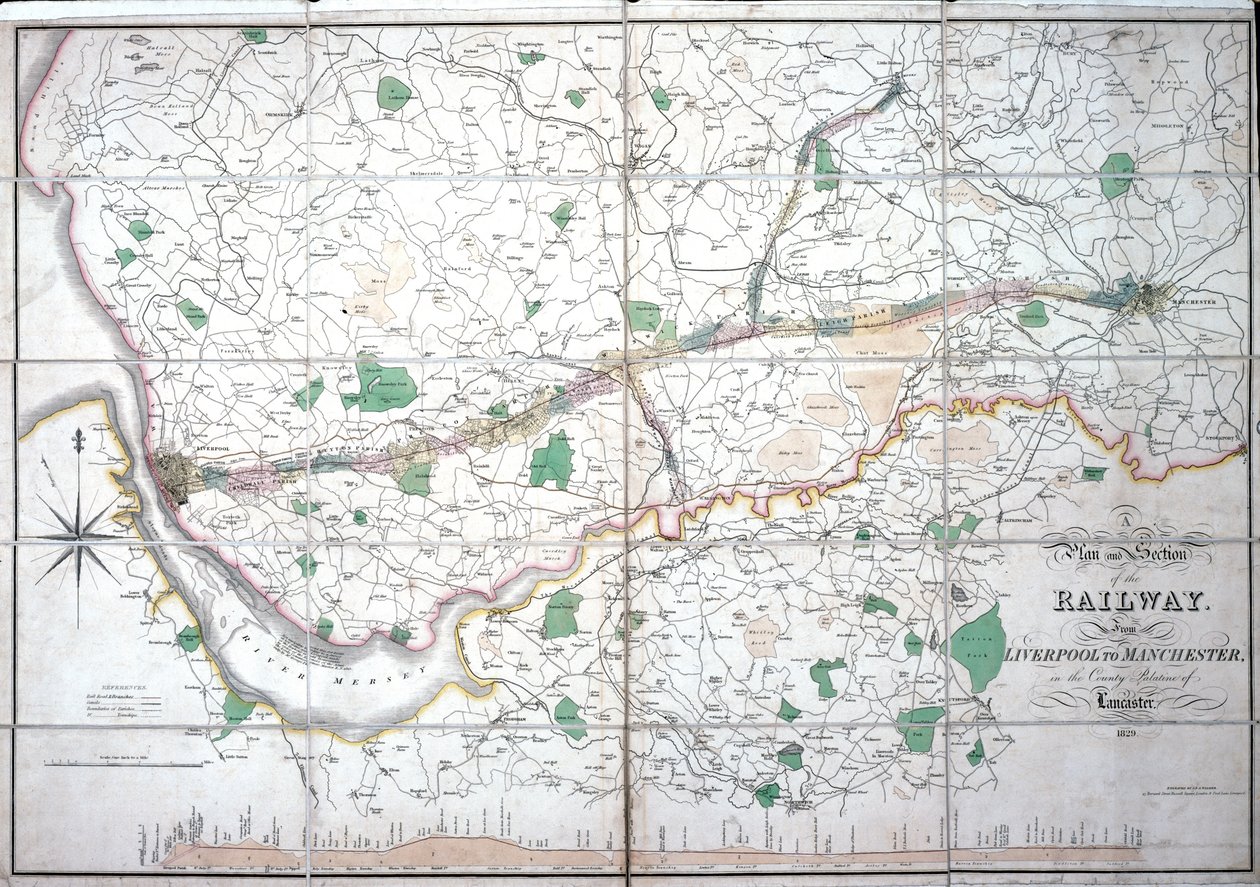 Mapa de Stephensons da Ferrovia Liverpool & Manchester, c.1824-1830 de English School