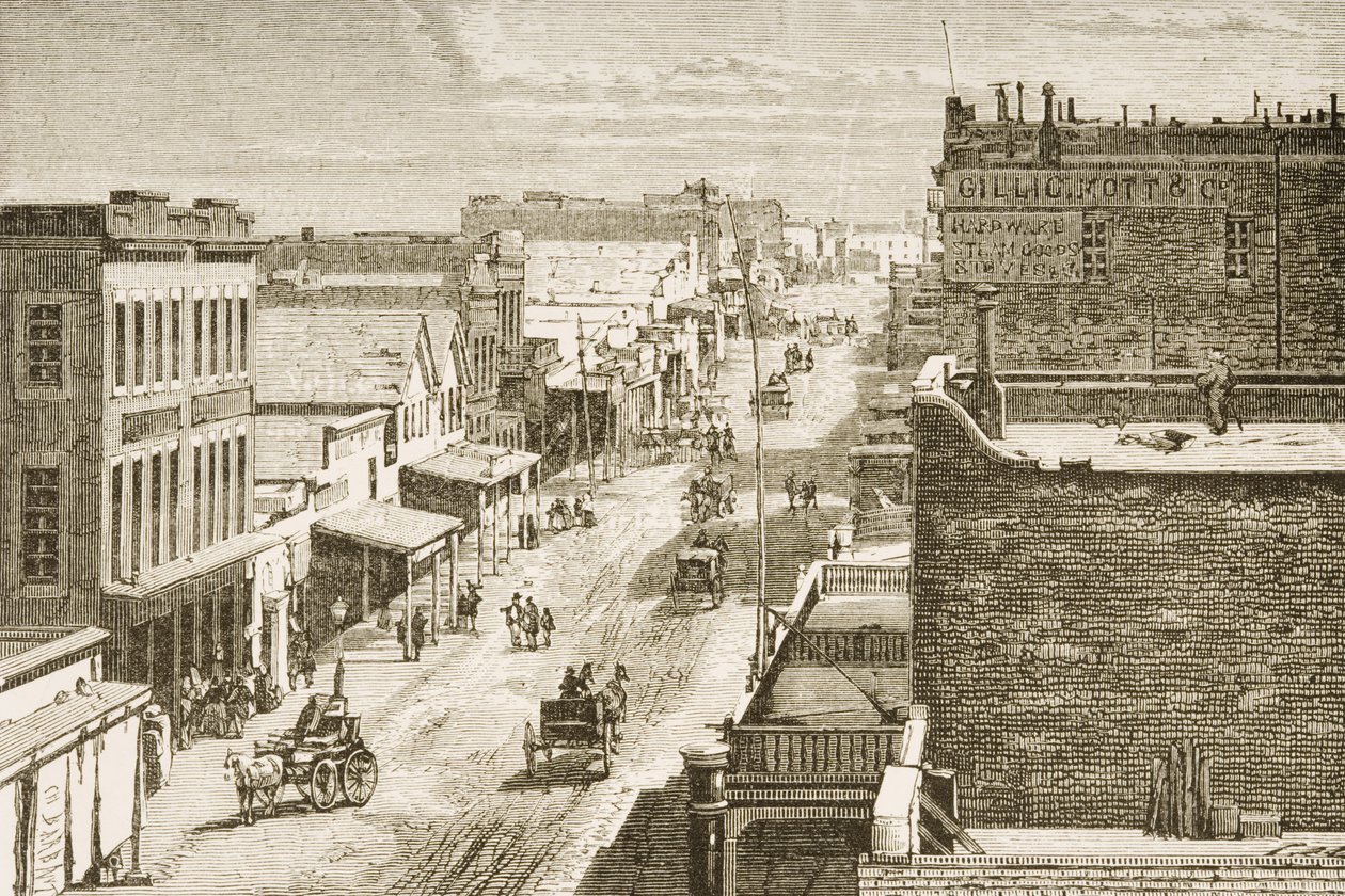 Rua em Virginia City, Nevada, de &39;American Pictures&39;, publicado pela The Religious Tract Society, 1876 de English School
